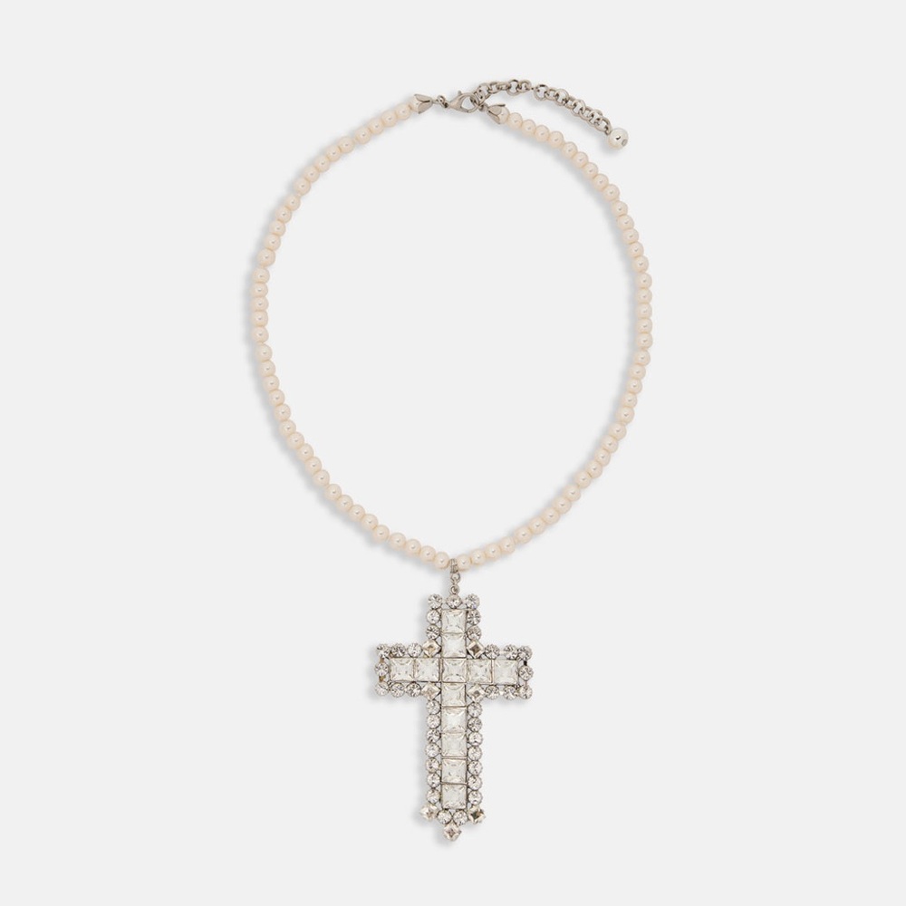 Alessandra Rich Single Pearl Necklace With Crystal Cross
